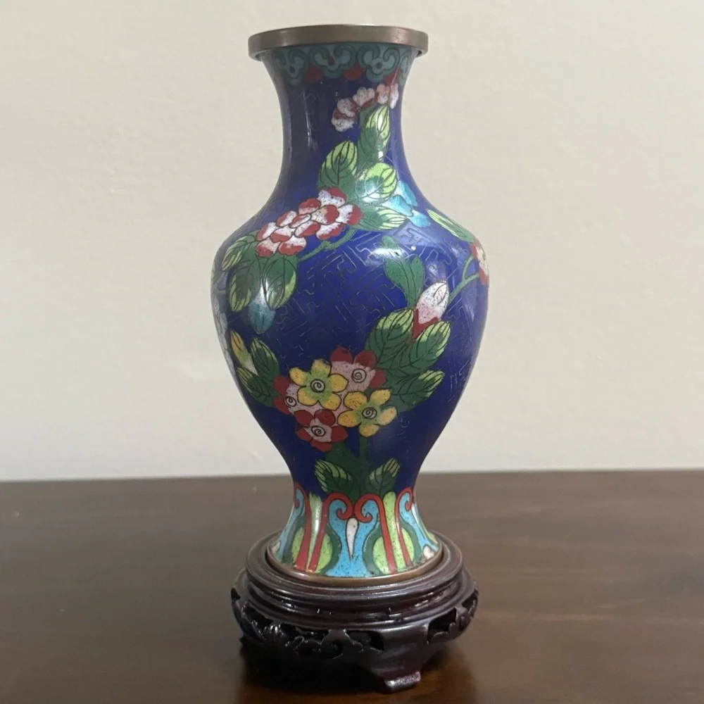 Vintage Blue Cloisonné Floral Vase with Carved Wood Base - Picture 2 of 11
